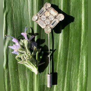 Vintage Rhinestone Stick Pin Hatpin With Clear Emerald-Cut & Round Glass Stones